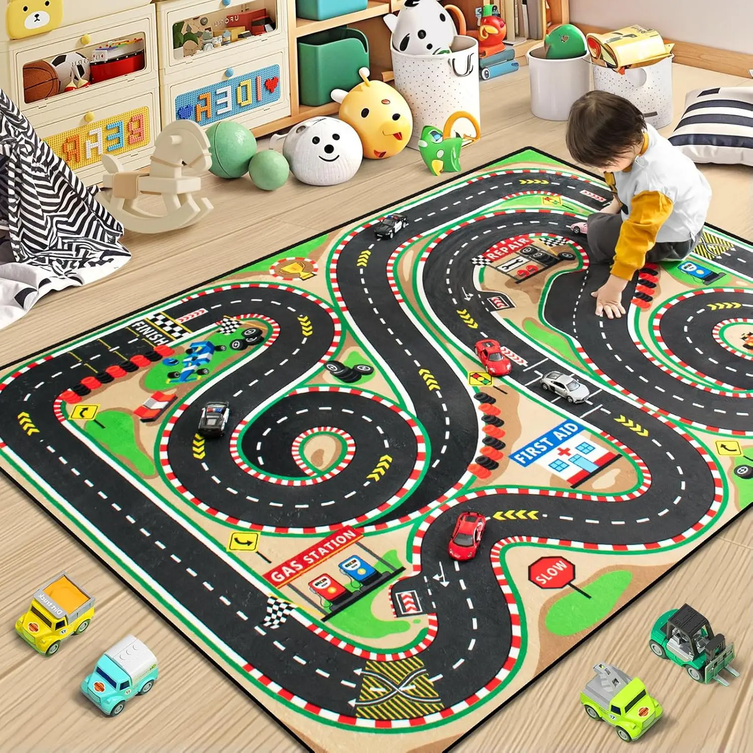 Children's Racing Track Car Road Traffic Signs Carpet Mat Anti Slip Soft Carpet Decoration Interactive Game Home Decoration