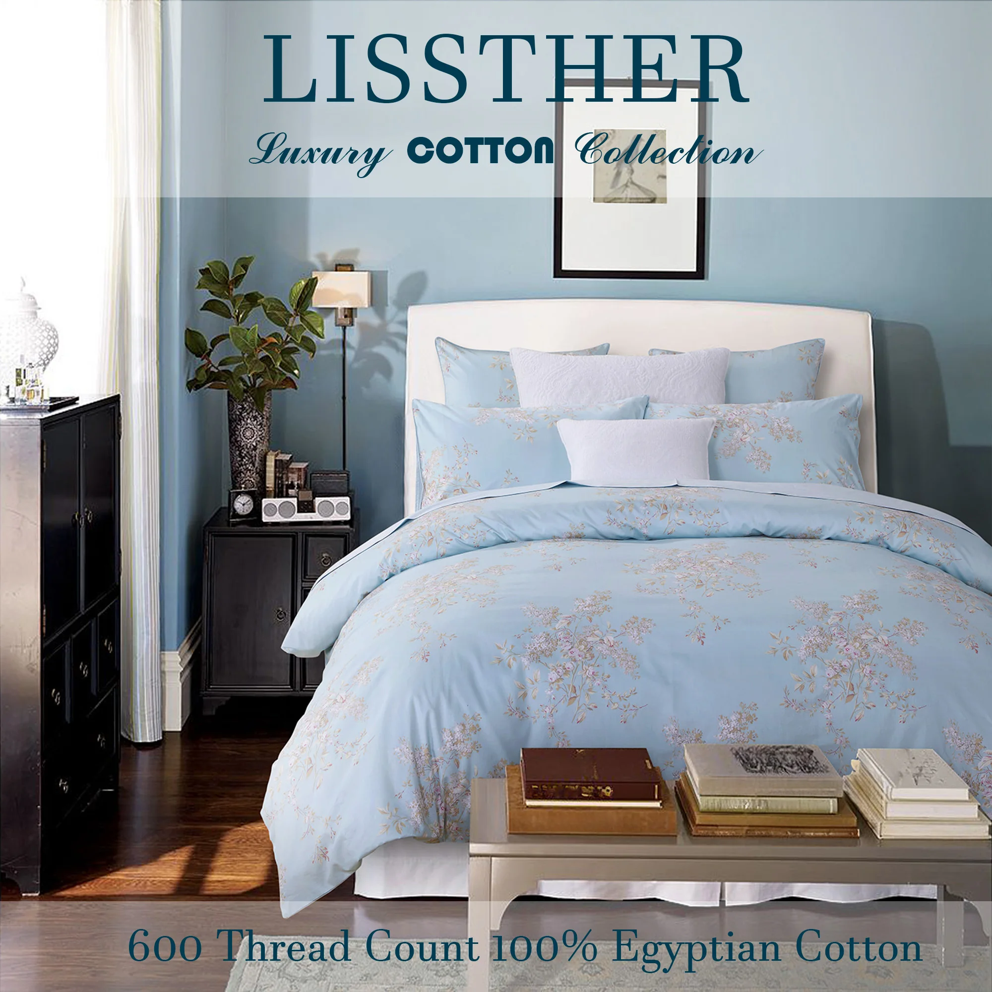 3pcs 600 TC 100% Egyptian Cotton Duvet Cover Set (Without Core), Vintage Tassel Blower in Blue, Soft Breathable & Skin-friendly