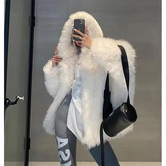 winter 2024 new Korean version of fox fur imitation fur coat women's medium length Internet red fried street hooded fur coat