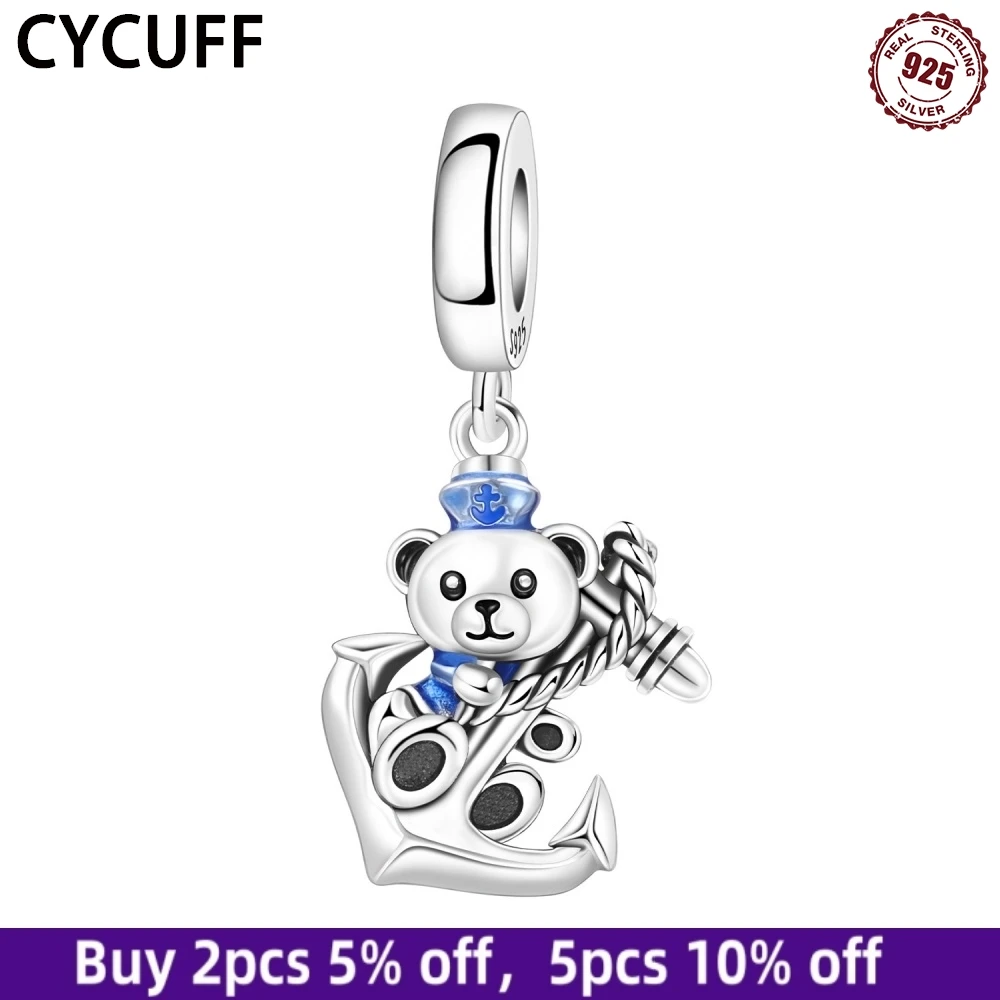 

CYCUFF 925 Sterling Silver Nautical Suit Bear Anchor Pendant Original Bracelets S925 Charms Fit Jewelry Party DIY Gift Accessory