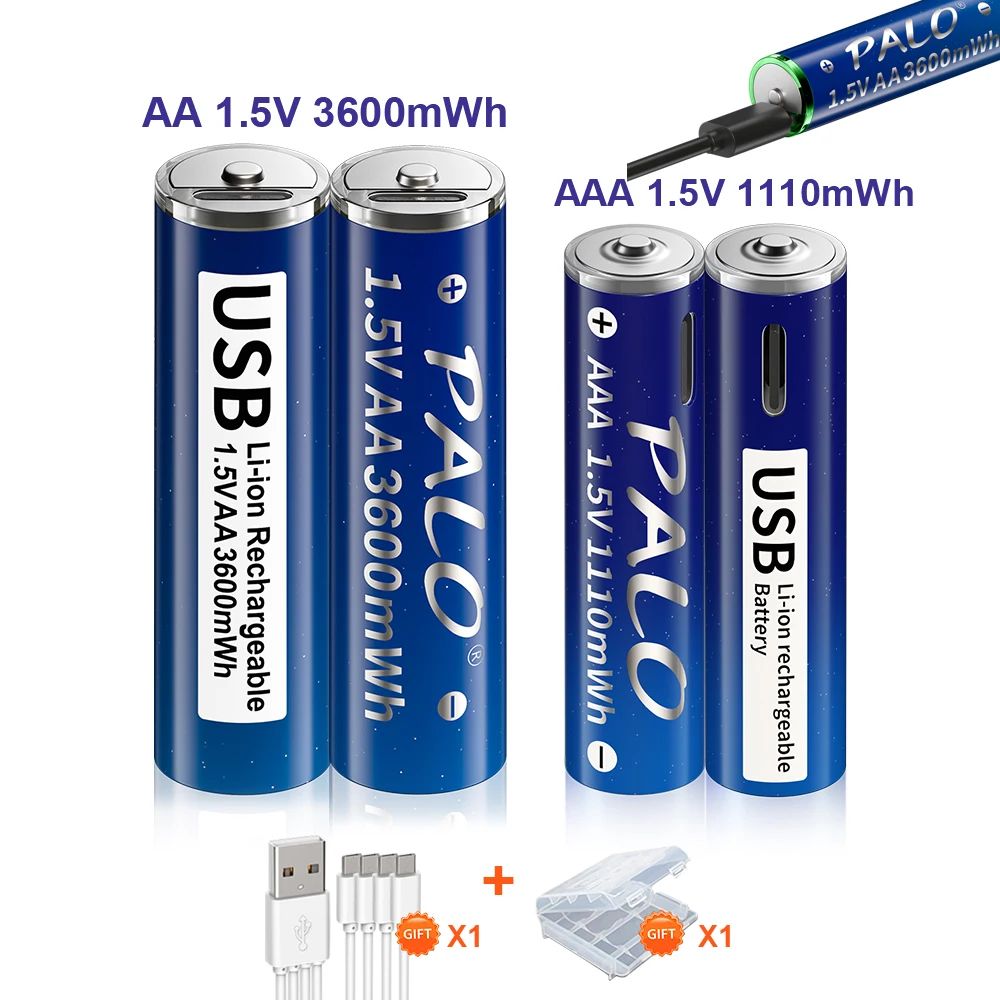 

PALO 1.5V AA+AAA Rechargeable Lithium-ion Battery 3600mWh AA R6 USB Type-c fast charging 1110mWh R3 Rechargeable Batteries