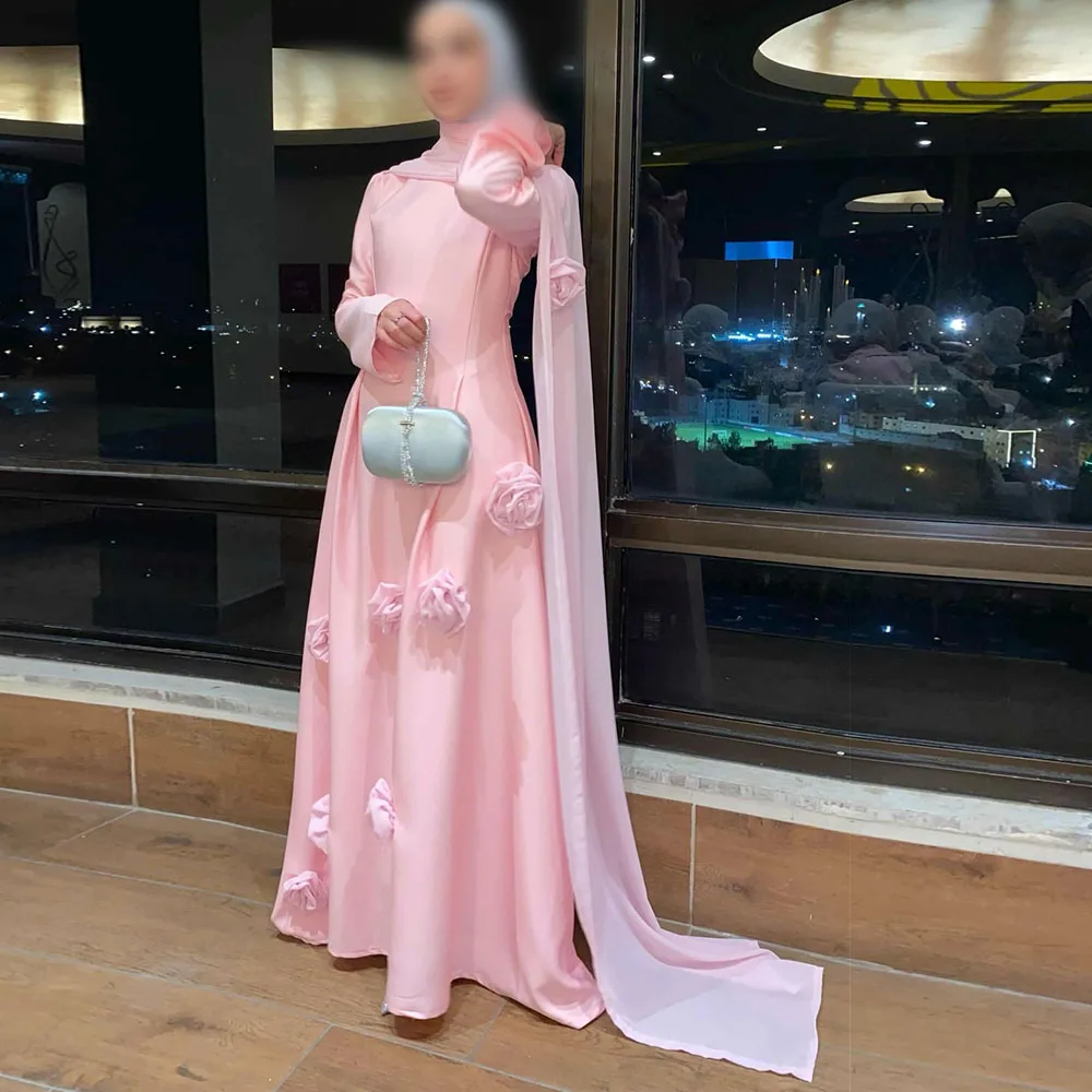 Robes de soirée d'anniversaire personnalisées élégantes, ligne a, rose, col rond, manches longues, volants, longueur au sol, robe de bal pour femmes