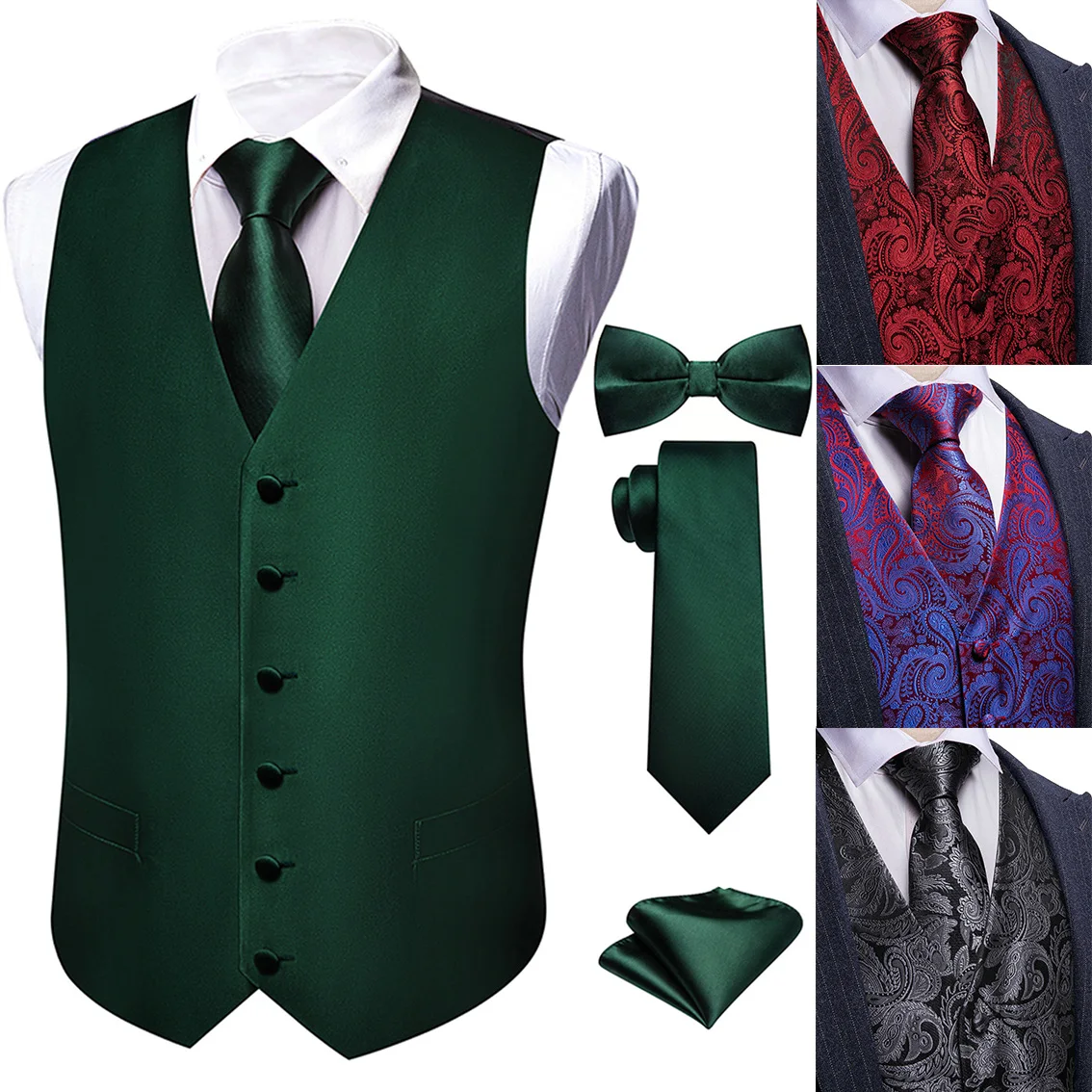 VERVEROW 5PC Men's Luxury Jacquard Paisley Vest Tie Bowtie Pocket Square Set, Formal Dress Vest for Wedding Party Prom