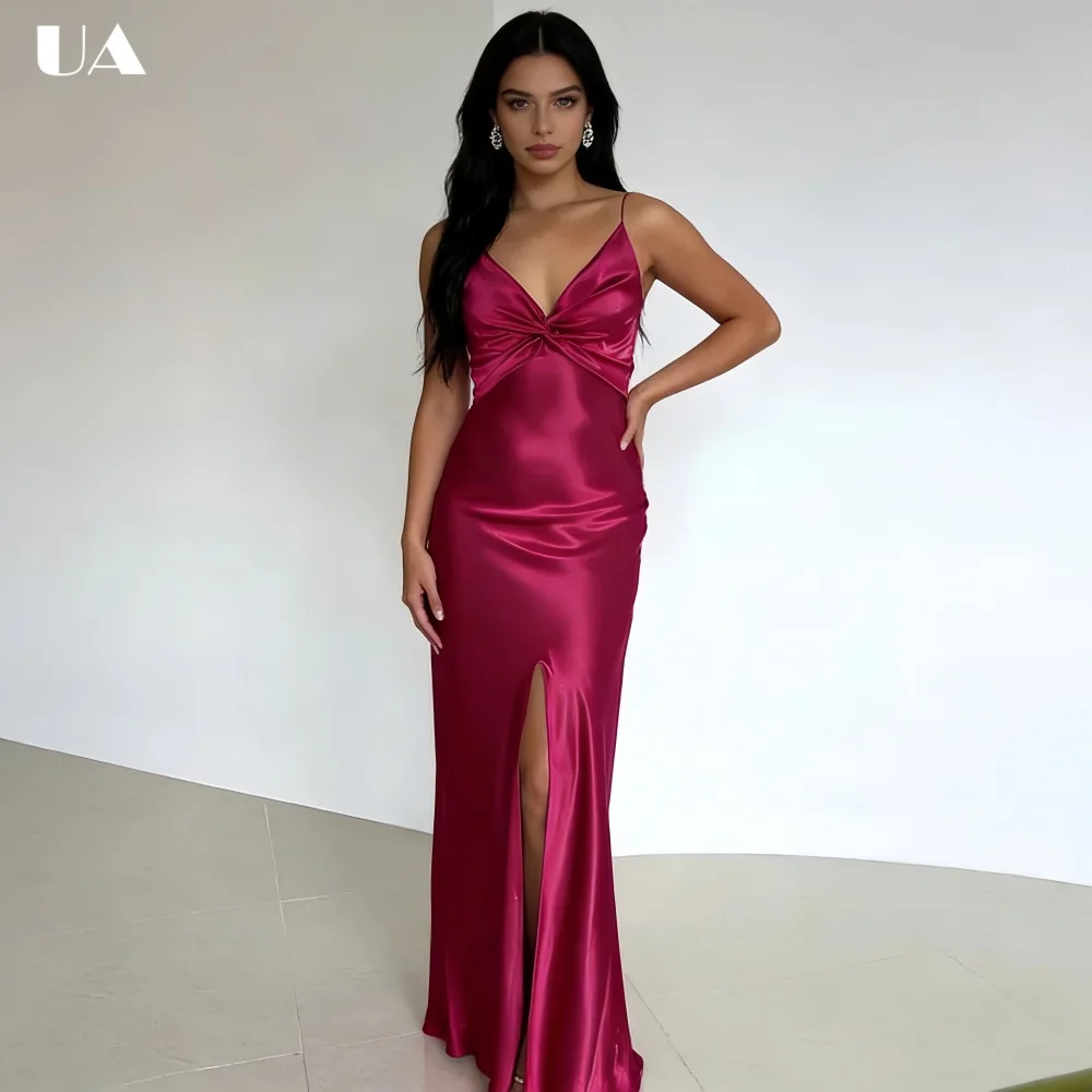 

ULBYANRY Customized Satin Straight Prom Dress with Spaghetti Strap Sexy Cutout High-slit Evening Dress Trendy Draped Party Dress