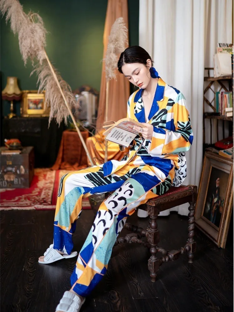 2024 Spring Autumn New Pajamas Women's Leopard Print Cartoon Silk Long Sleeve Trousers Outwear Home Clothes