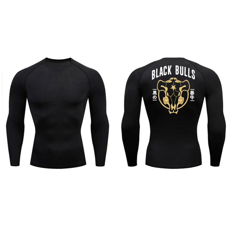 Black Bull Print Compression Shirts for Men Athletic Quick Dry Baselayers Undershirt Gym Workout Running Rash Guard Tshirt Tops