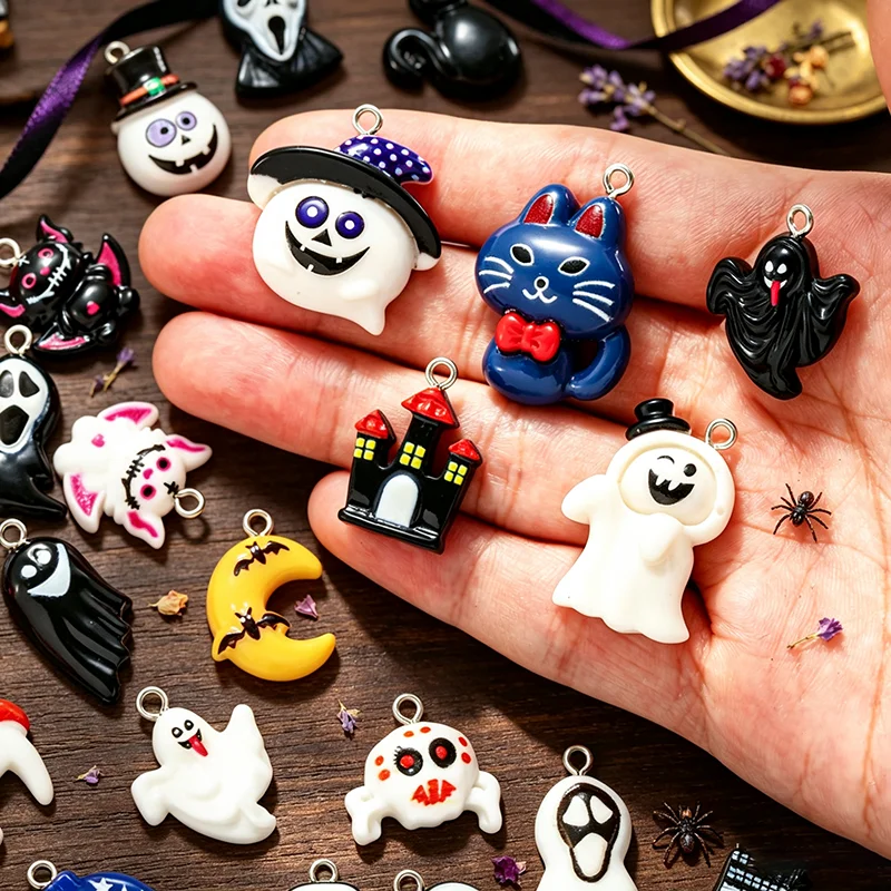 Funny 15Pcs/Pack Halloween Pendant Accessories Resin Pumpkin Ghost DIY Bracelet Necklace Earrings Hanging Keychain Decoration