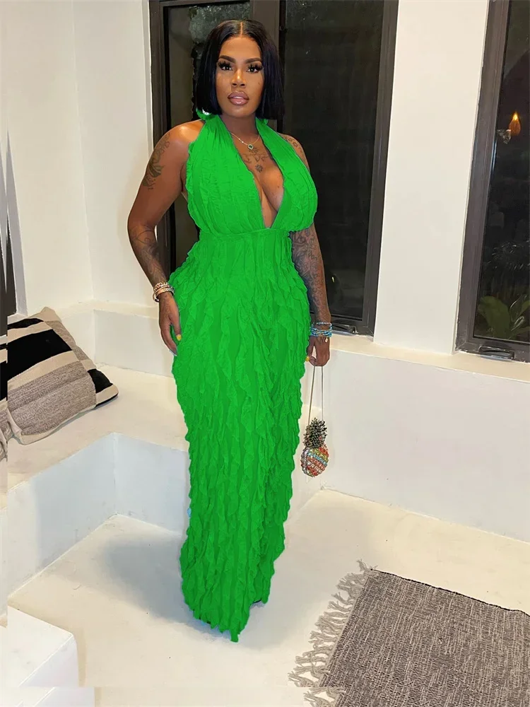

Jumpsuit Women 2025 Sexy Party Club Romper Ruffles Halter Backless Sleeveless Wide Leg Playsuit