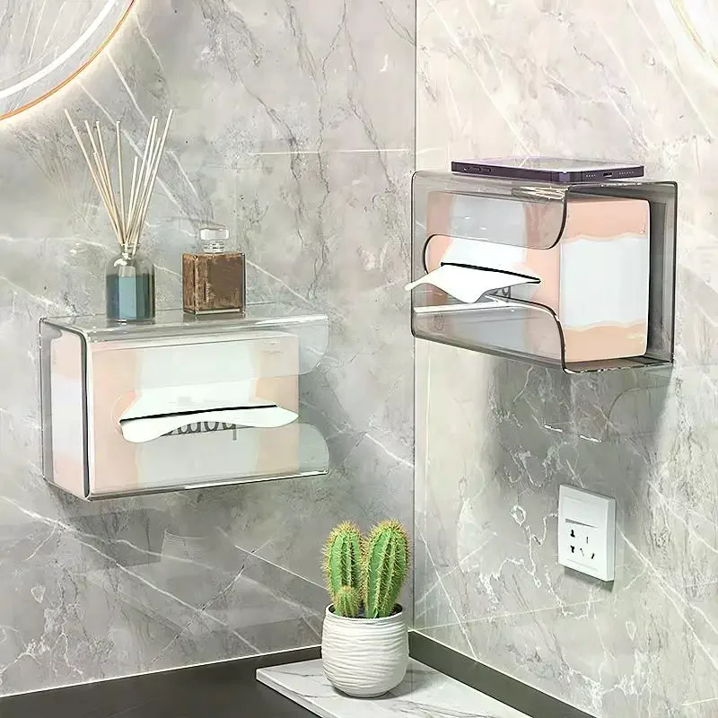 /PFU/Wall Mounted Tissue Box Self-adhesive Punch Free  Upside Down Space-saving Napkin Container Bathroom Plastic