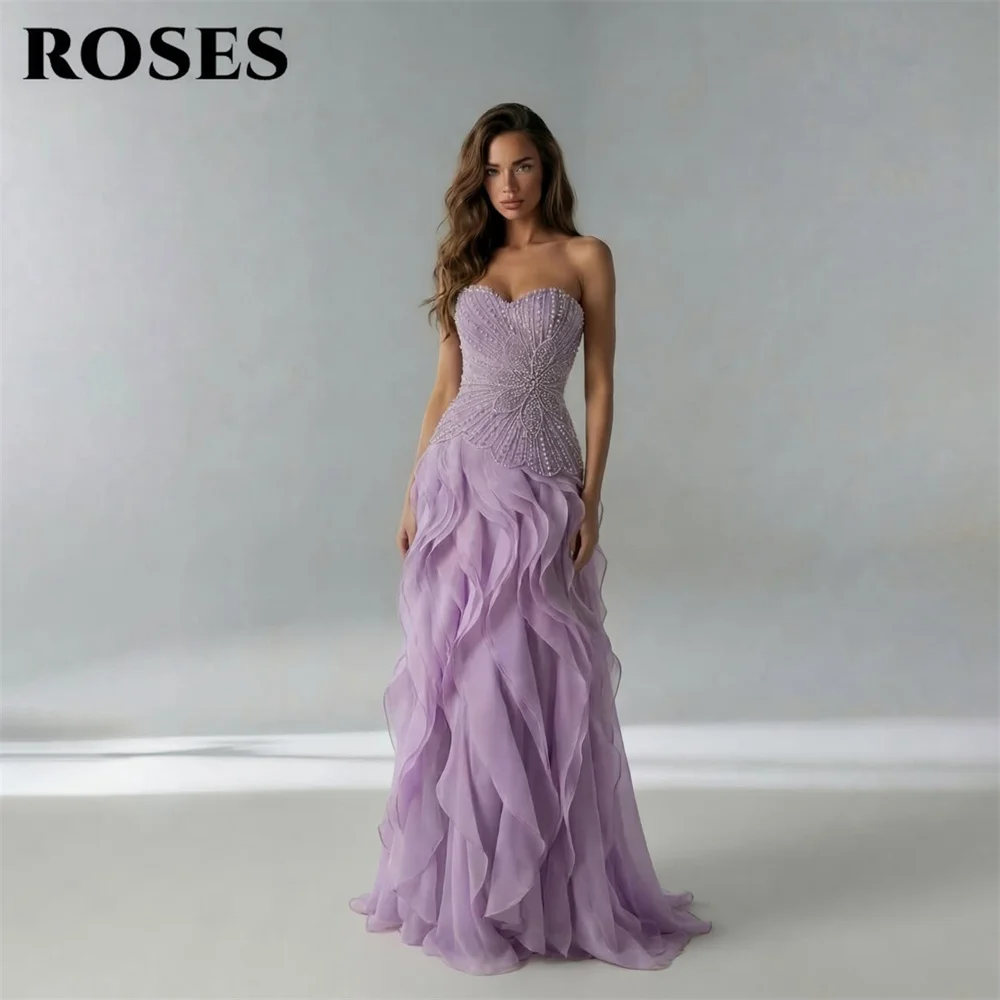ROSES Lavender Prom Dresses Zipper Back 프롬 드레스 Sweetheart Celebrity Dress Beaded Ruffled Chiffon Evening Dress Customized image 4