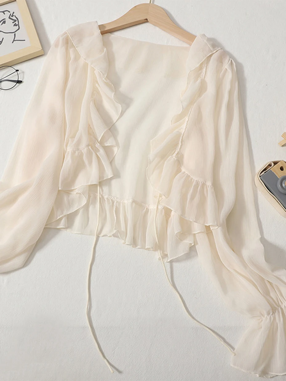 

Элегантный летний кардиган-накидка с кружевной отделкой для защиты от солнца, тонкая пляжная полупрозрачная накидка для женщин