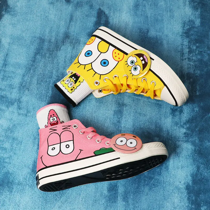 2024 Summer New yellow pink Student SpongeBob SquarePants High Top Canvas Cute Girl Cartoon big size man shoes women Shoes