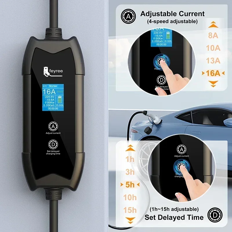 feyree EV Charger Type2 3.5KW 16A Portable Charging Box Set Current and Set Delay Time 5M Cable for Electric Vehicle Car Charger