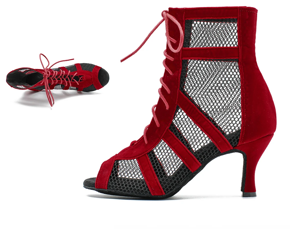 Rote Damen High-Top-Latin-Tanzschuhe, Ballroom-, Pole- und Jazz-Tanzstiefel, weiche Sohlen, Damen-Tango-/Salsa-Mesh-Tanzschuhe mit hohen Absätzen – Detail 7