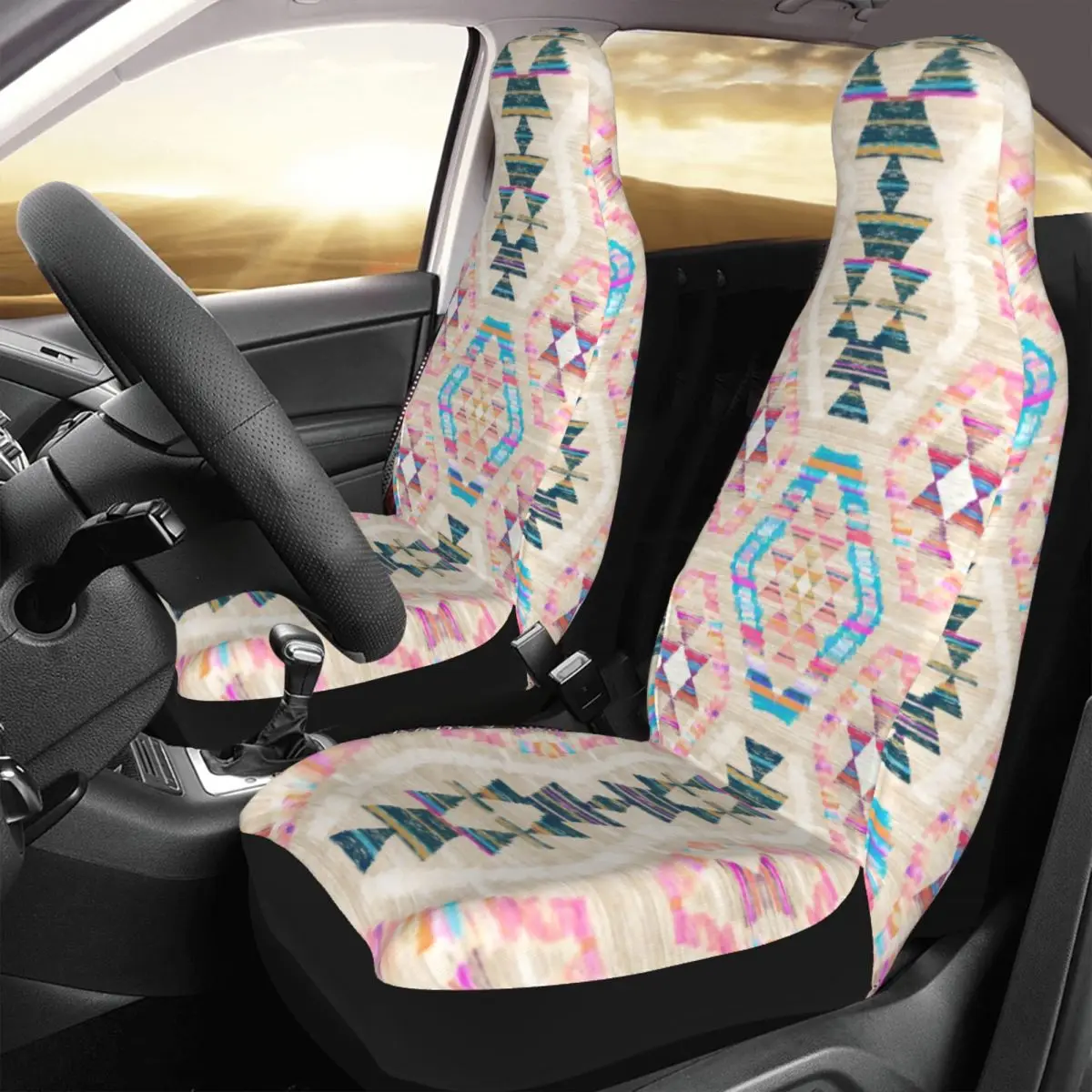 Woven Textured Pastel Kilim Pattern Car Seat Covers Fit Any Car Van RV SUV 3D Print Turkish Ethnic Art Auto Seat Cover 2 Pieces