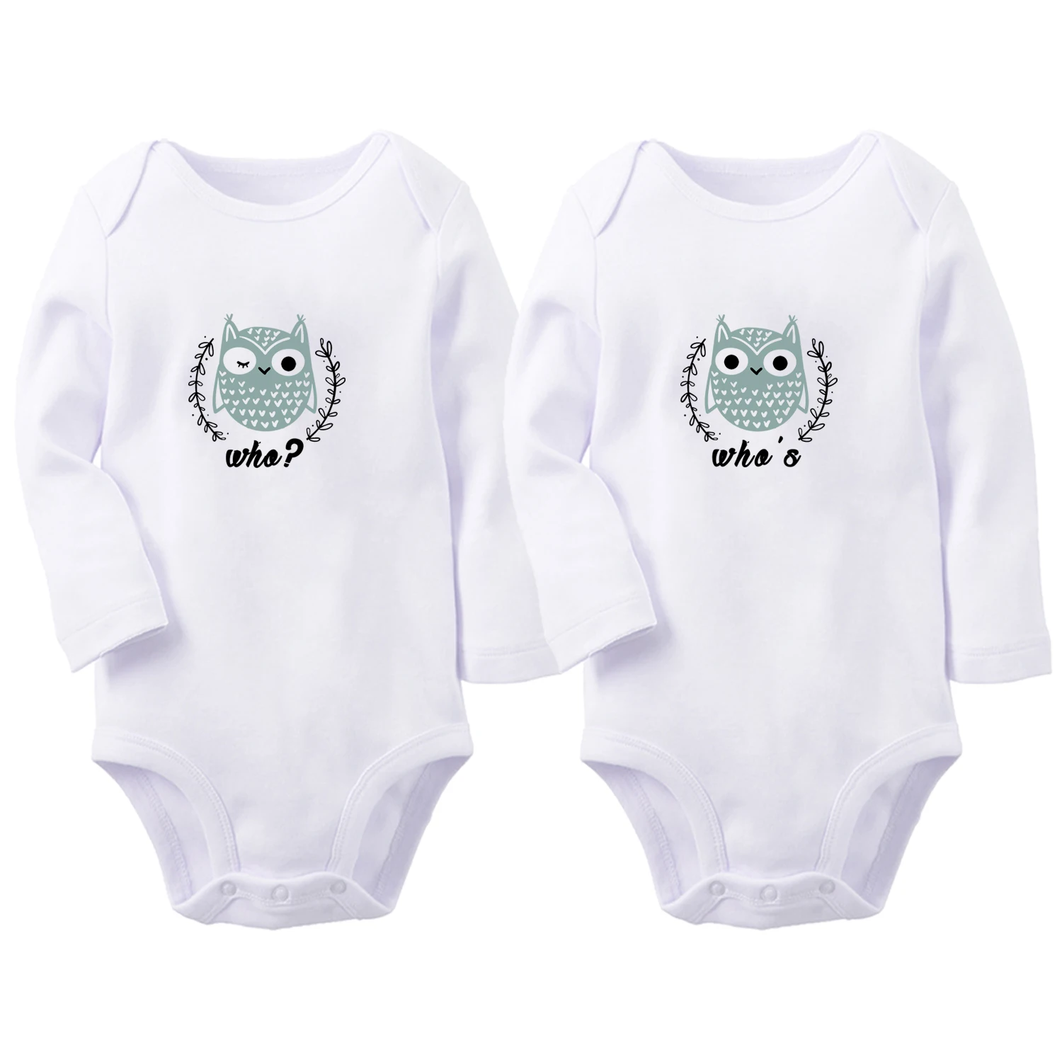 Who & Who's 올빼미 패턴 재미있는 그래픽 쌍둥이 아기 바디 수트, 귀여운 소년 소녀 롬퍼 유아 긴 소매 점프 수트, 신생아 의류