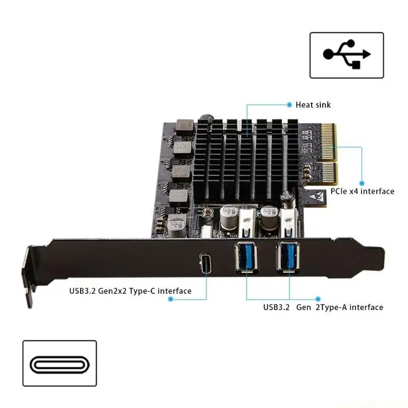 PCIe3.0X4 to USB A/UsbC Expansion Adapter Card 20Gbps Highly Speed Industrial
