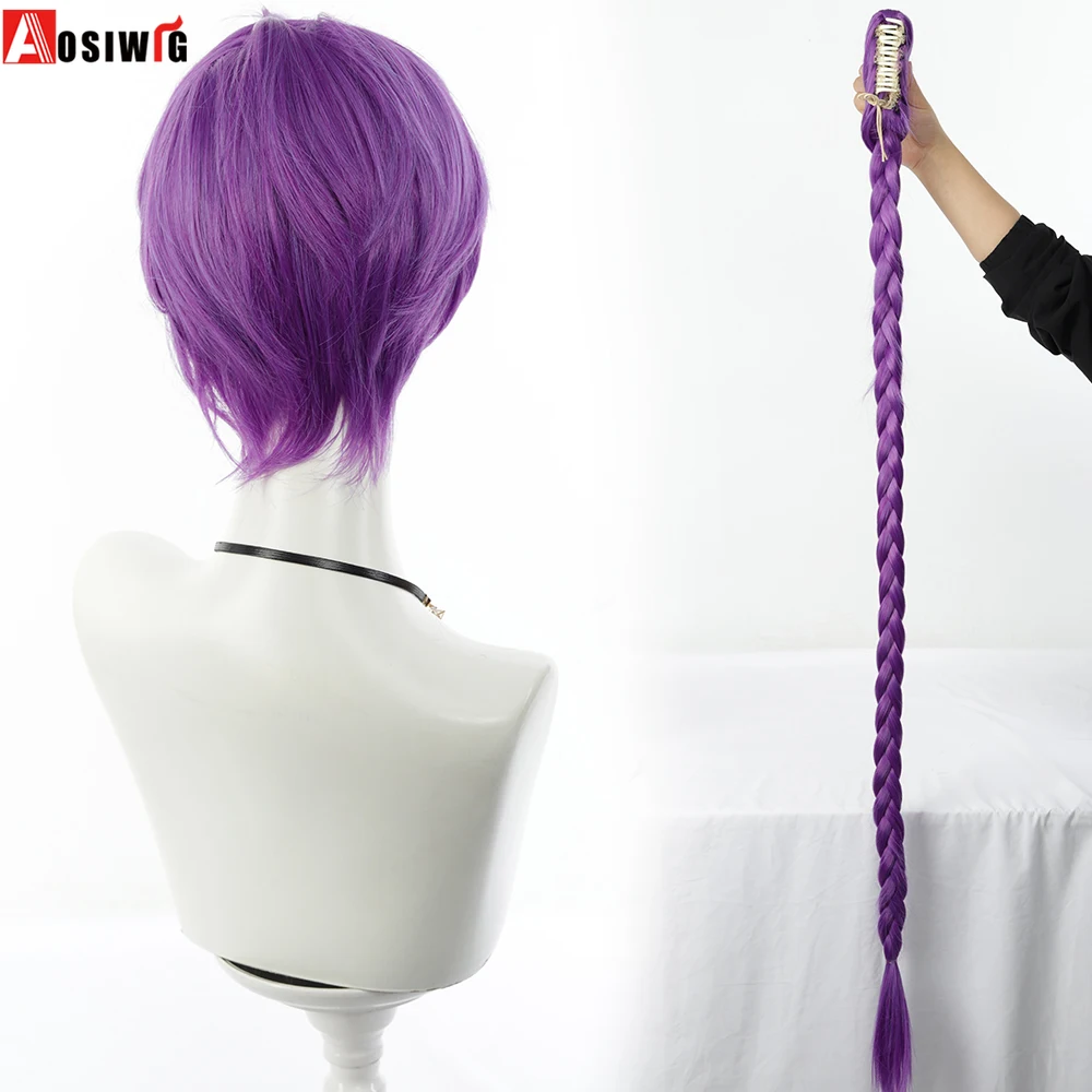 Aosiwig الأرجواني النمر كليب ذيل حصان واحد شعر مستعار اصطناعي مضفر | فيلم الرسوم المتحركة لشخصية KPop شيطان الصيادين رومي شعر مستعار تأثيري #5