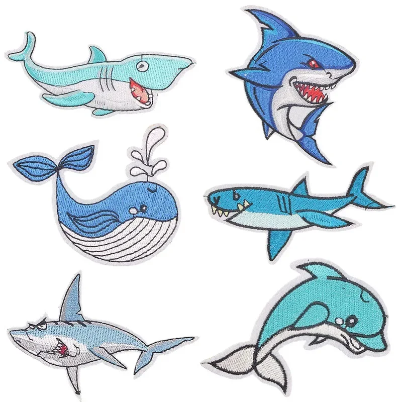 1PCS Animals Patches Shark Dolphin Crab Applique Iron on Embroidered Clothes Patches for Clothing Stickers Garment Wholesale