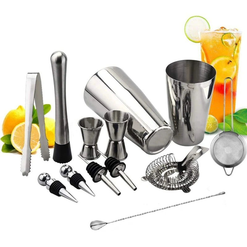 13Pcs/Set Stainless Steel Cocktail Shaker Ice Tong Mixer Drink Boston Bartender Browser Kit Bars Set Professional Barware