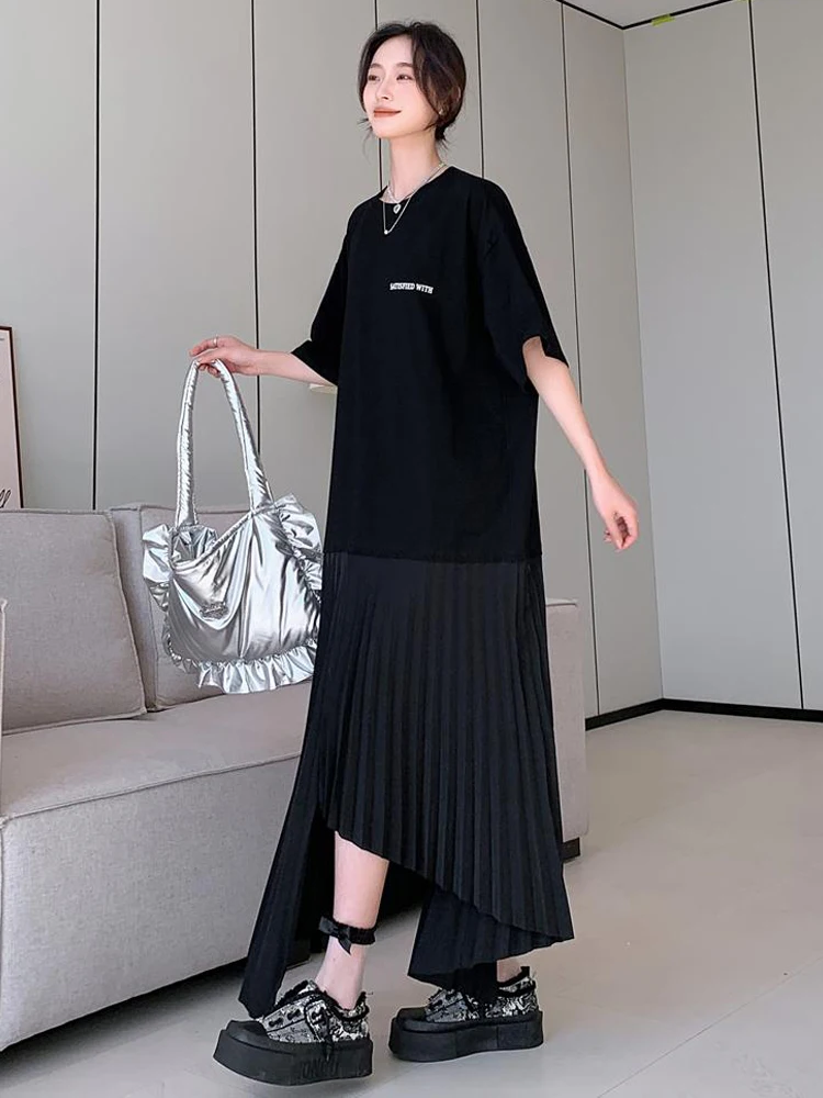 NYFS حجم كبير فستان نسائي فضفاض صيف 2025 النمط الكوري قصيرة الأكمام طباعة فستان طويل رداء Elbise