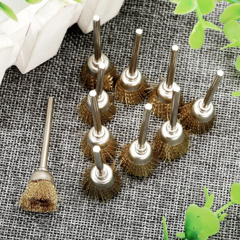 10Pcs 15mm Grinding Buffing Polishing Brush Wheel 3mm Mandrel Brass Wire Cup Brush for Dremel Accessories Rotary Tool Cleaning