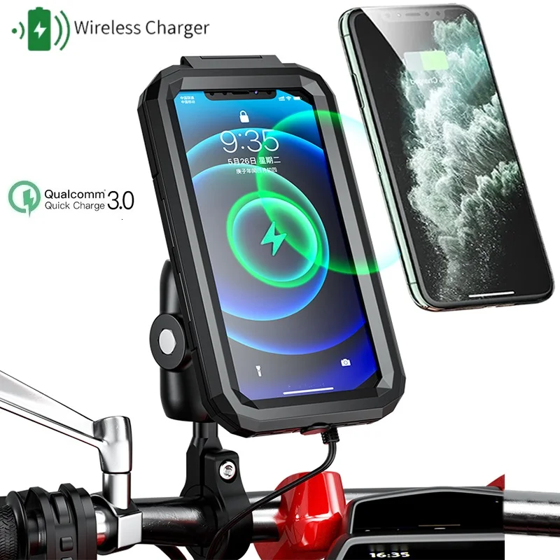 Motorcycle Phone Holder Waterproof Case Wireless Charger Type-C USB Charging Motorcycle Mount Double Socket Arm Handlebar Mirror