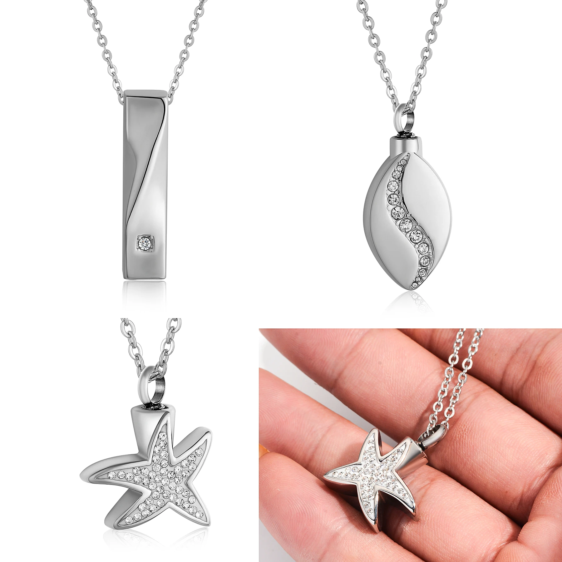 Stainless Steel Rhinestone Star Tear Drop Twist Bar Ashes Jewelry Cremation Necklace Memorial for Ashes Keepsake Urn Pendants