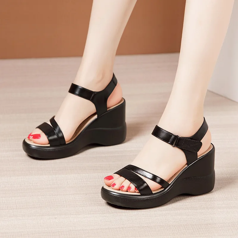 

Plus Size 32-43 Quality Leather Chunky Platform Wedges Sandals Summer Women 2022 Beach Mothers High Heels Shoes Comfortable