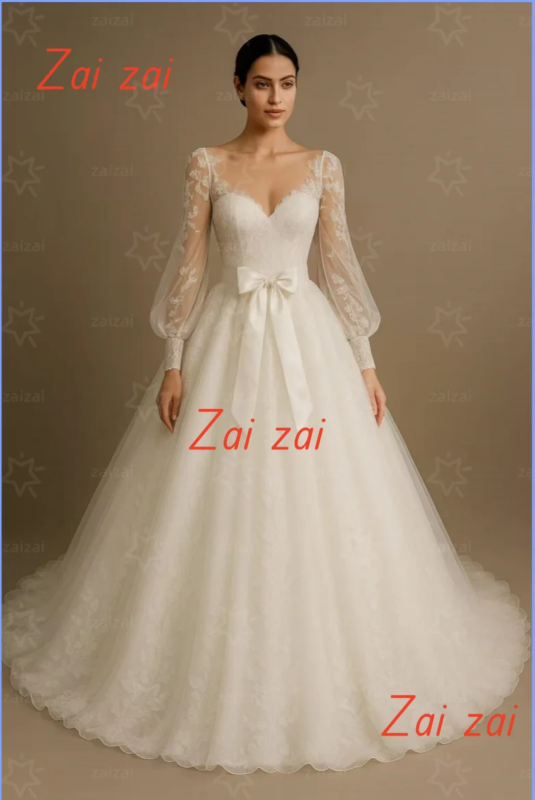 

Customized Luxury Wedding Dresses Women's A Line Boho Appliques Long Sleeve Bridal Gowns Formal Tulle Princess Vestidos De Novia