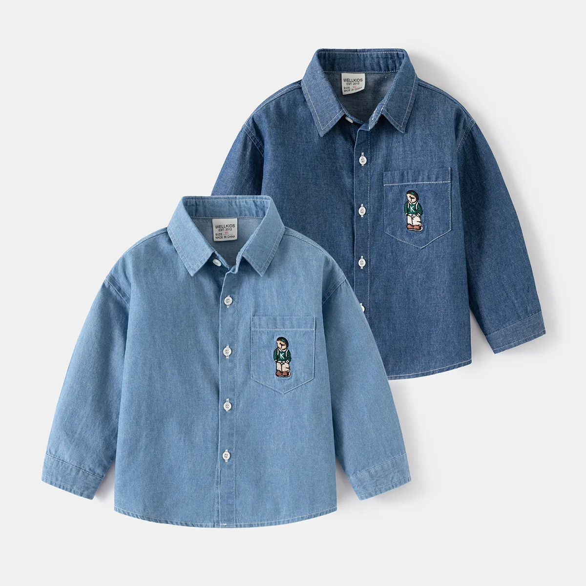 Autumn Children Boy Clothes Baby Blue Cowboy Shirts Children Embroidery Bear Long Sleeve Lapel Coat Top Fashion Party Outifits