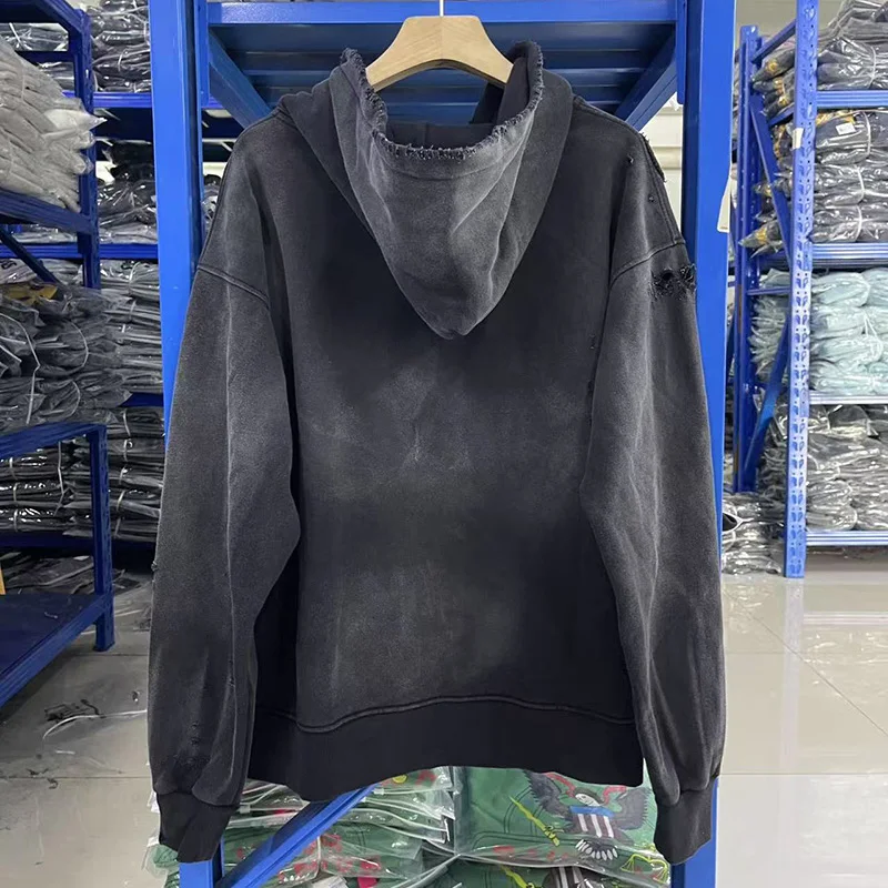 25FW 100% القطن المتضخم خمر غسلها أسود رمادي التالفة هول معاطف الرجال النساء موضة عادية سانت قلنسوة بسحاب مقنعين