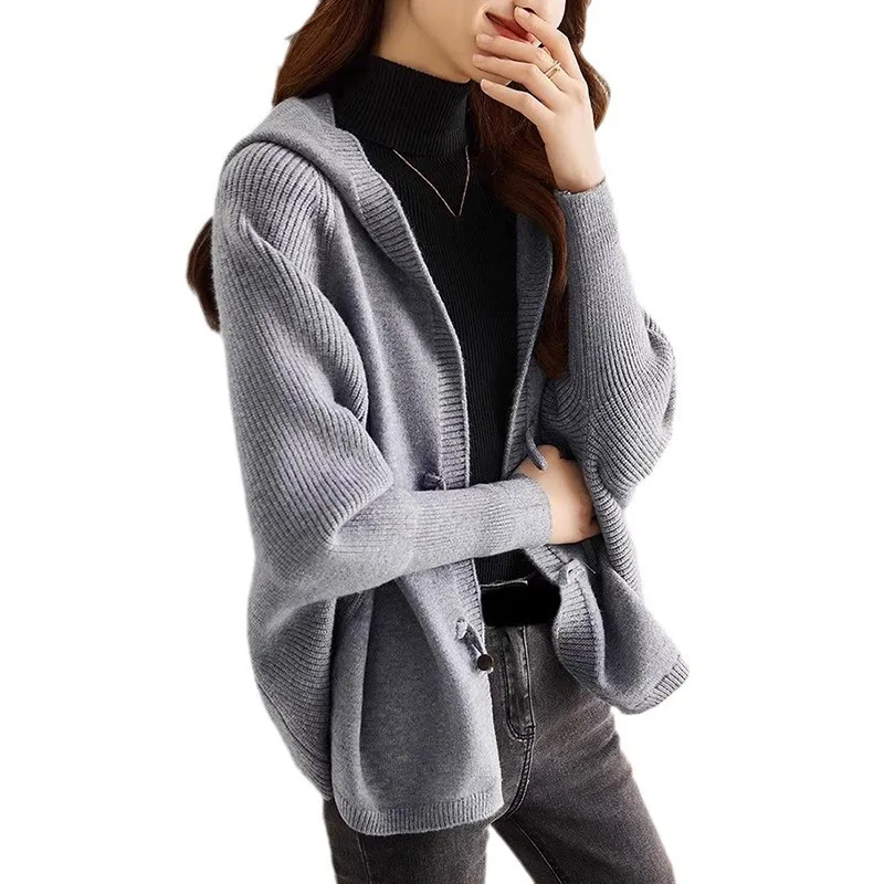 BOWEYLUN, chaqueta cárdigan de punto para ir al trabajo de Color sólido, Tops informales holgados con capucha y botones de cocodrilo para primavera y otoño para mujer