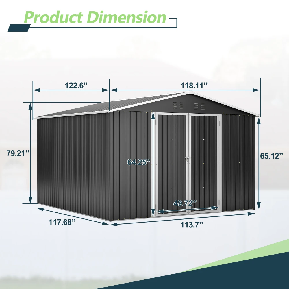 Outdoor Storage Shed 10x10 FT, Utility Metal Tool Storage with Lockable Doors and Updated Frame Structure, Large Metal Garden