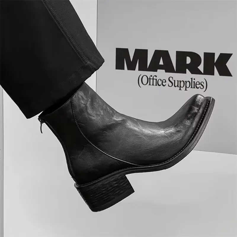 2025 Increase British Style Fashion Thick-soled Men's Chelsea Niche Wizard Big Upturned Motorcycle Boots