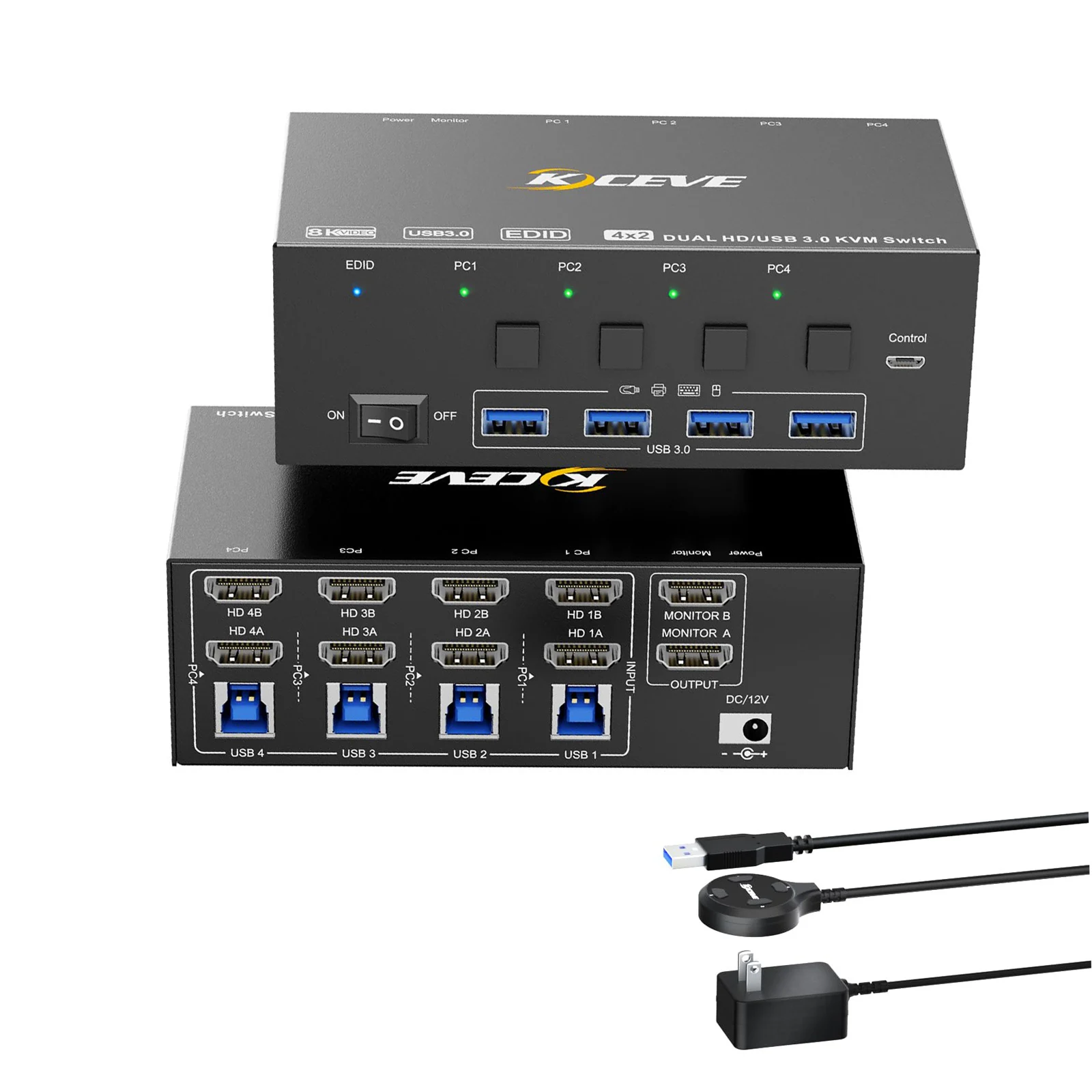 

KCEVE HDMI KVM Switch 2 Monitors 4 Computers, 8K@60Hz, 4K@144Hz USB 3.0 KVM Switcher Box with EDID Emulator for 4 Computers