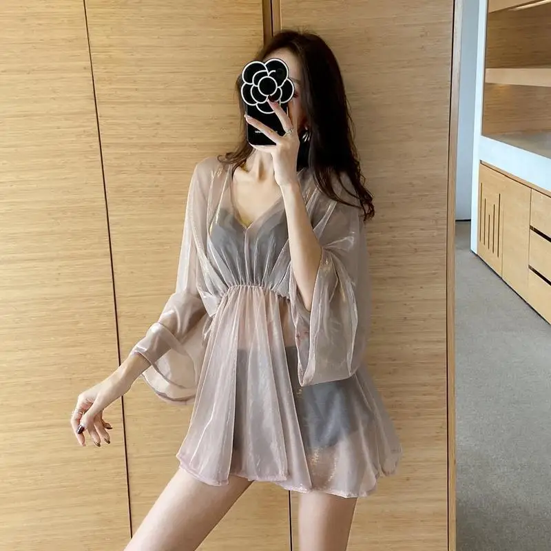 

Swimsuit Women Korea Super Fairy Student Split Vacation Spa Girls Swimwear Mesh Cover Up Three Piece Swimsuit