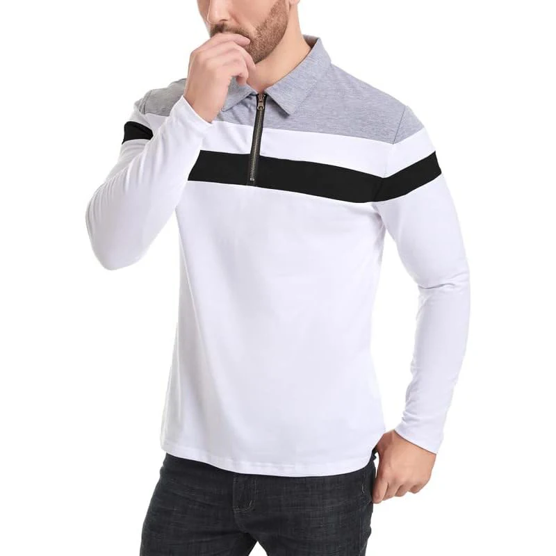 Men's Long Sleeve Striped Polo Shirts 1/4 Zip Cotton Patchwork Collared Shirt Casual Fashion Pullover Slim Fit Golf Shirt image 5