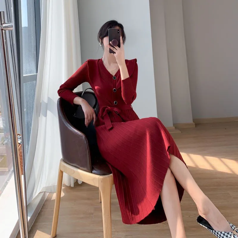 Knitted Pleated Dress Women Long Sleeve Ruffle Elegant Slim Autumn Winter Dress Fashion V-Neck Jumper Female Skirt