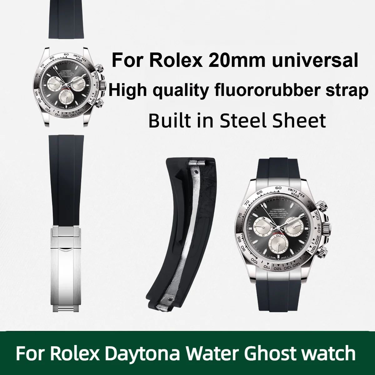 

20mm FKM Rubber Watch Strap For Rolex Daytona Water Ghost Yacht GMT Built in Steel Reinforcement fluororubber Band Bracelet Men