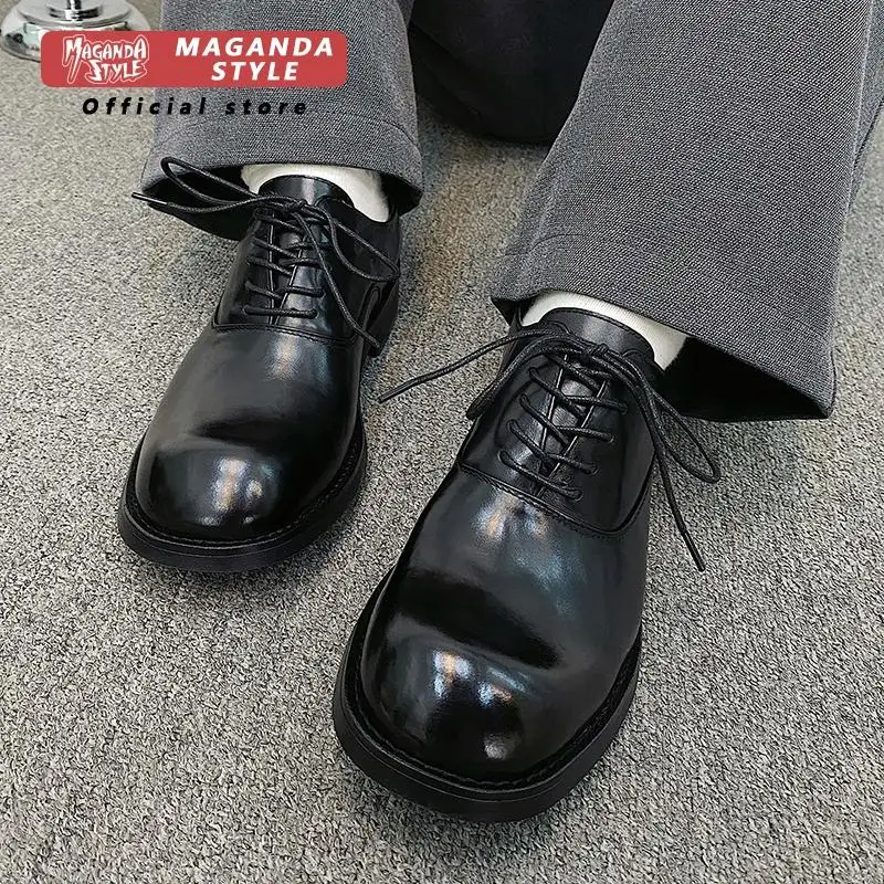 Top layer cowhide thick soled derby shoes for men fashion height increasing lace up formal shoes retro casual work leather shoes