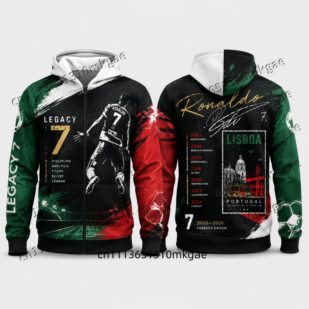Men Football CR7 Zip Up Hoodie Retro Grunge Texture Sports Graphic Zipper Sweatshirt Casual Loose Streetwear Kids Zip Up Hoodie