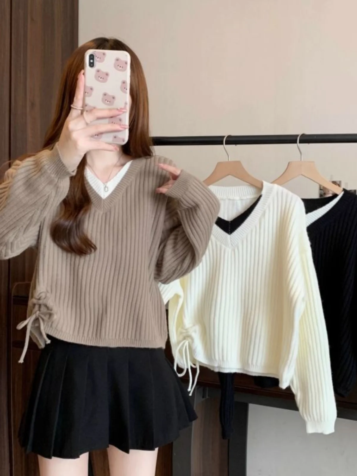 Women's V-Ne Knitted Sweater ort Loose Fit Spring Faion Korean Sle Dstring Top Slimming Design Casual Wear