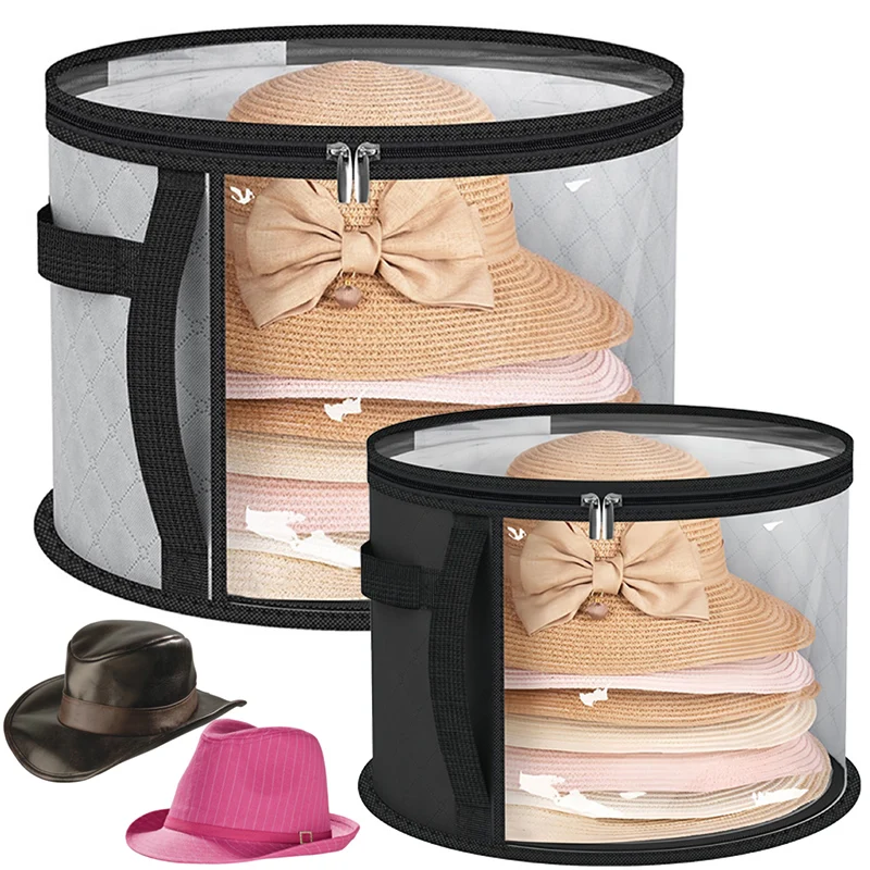 

Transparent Visual Household Hat Storage Bucket with Handle Foldable Round Brim Hat Storage Bag Travel Dustproof Storage Box