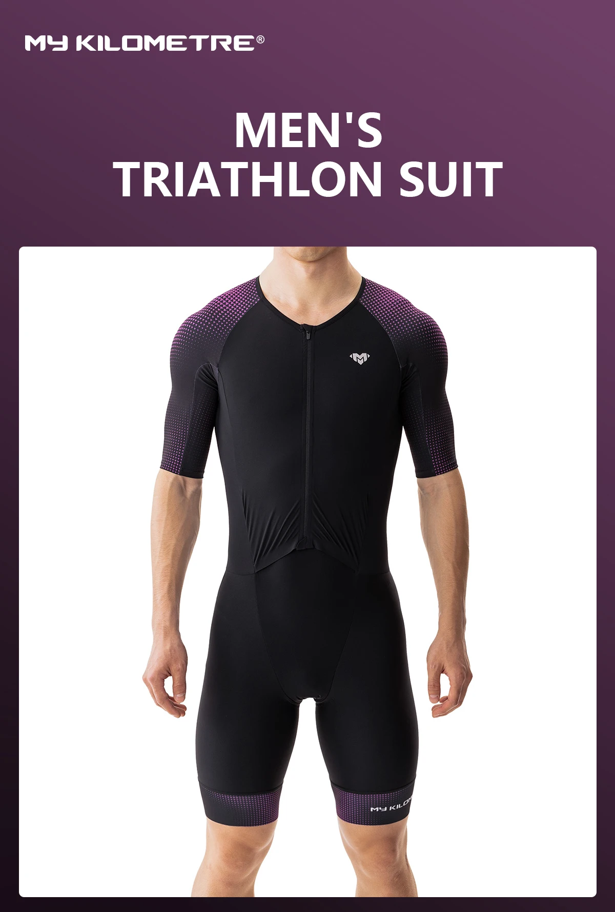 Triathlon-Anzüge für Herren Schnelltrocknend Leichtgewichtig Kurzärmelig Schwarz-Lila Einteilig für Radfahren Laufen Schwimmen TriSuit MY KILOMETRE – Detail 4