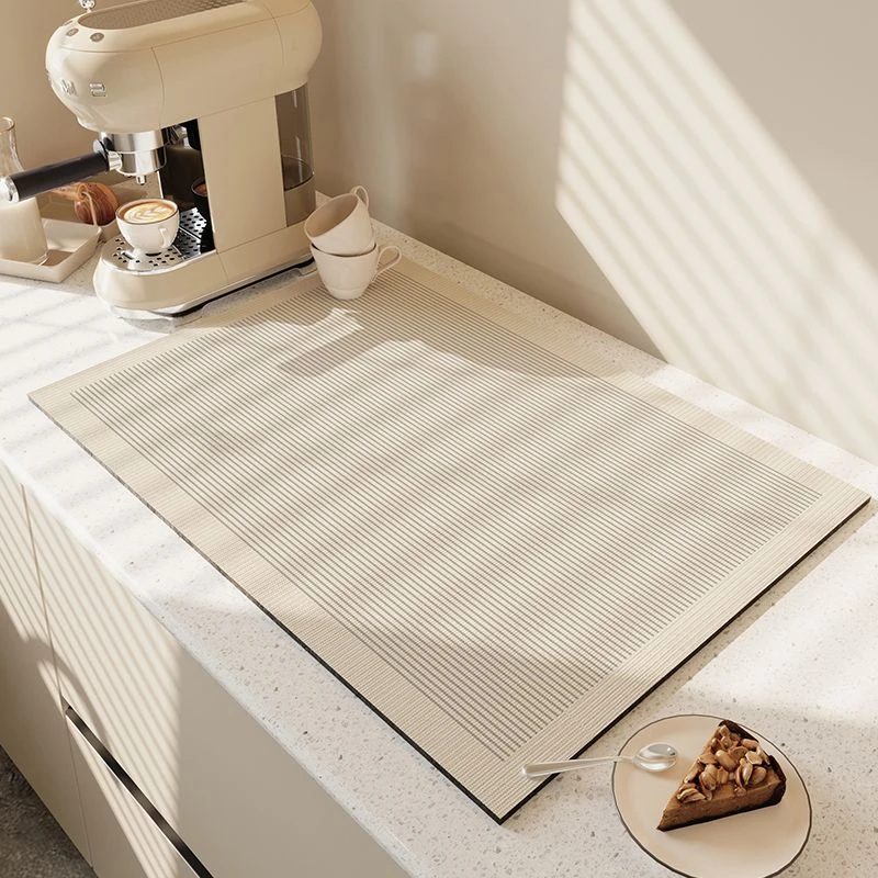 VIKAMA Kitchen Drain Mat Cream Grey Line Geometric Print Kitchen Counter Mat Highly Absorbent Fast Drying Anti Skid Flexible