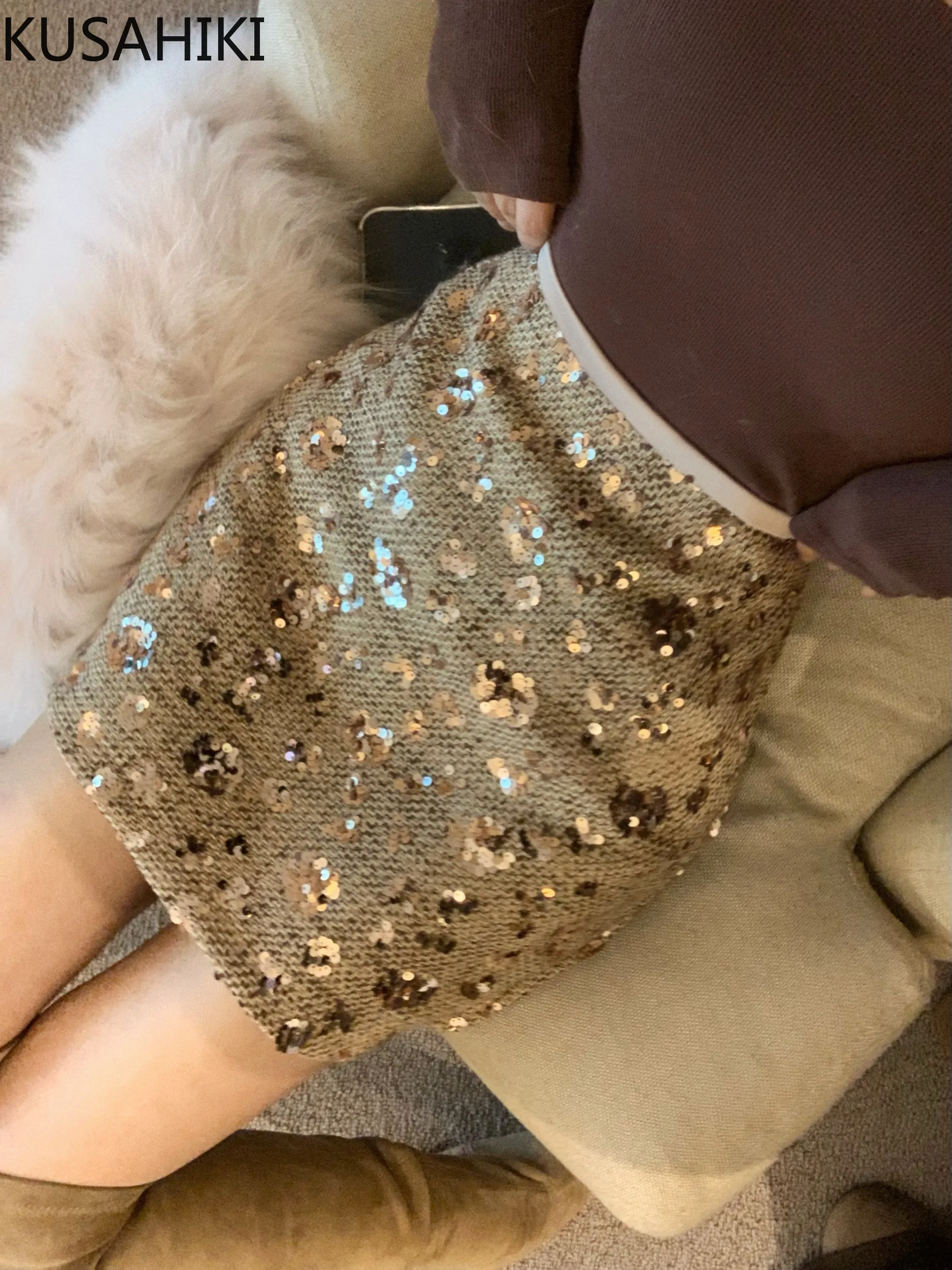 KUSAHIKI Sequined Midi Skirt for Women New Sexy High Waisted Tight Fitting Hip Hugging Short Skirts Mujer Faldas