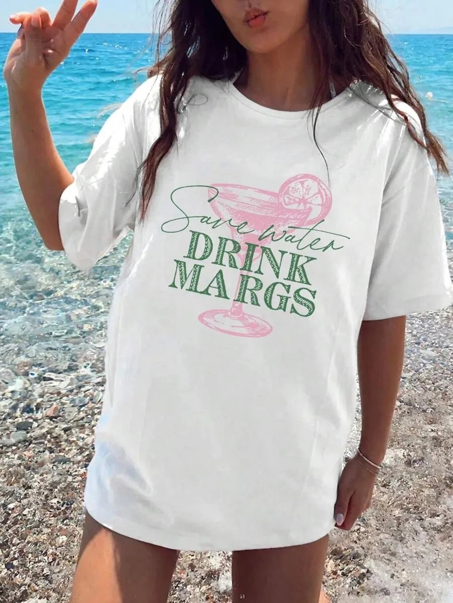 

Plus - Size Summer Wine - themed Graphic Tee, White Short - Sleeve with “Save Water Drink Margs” Slogan