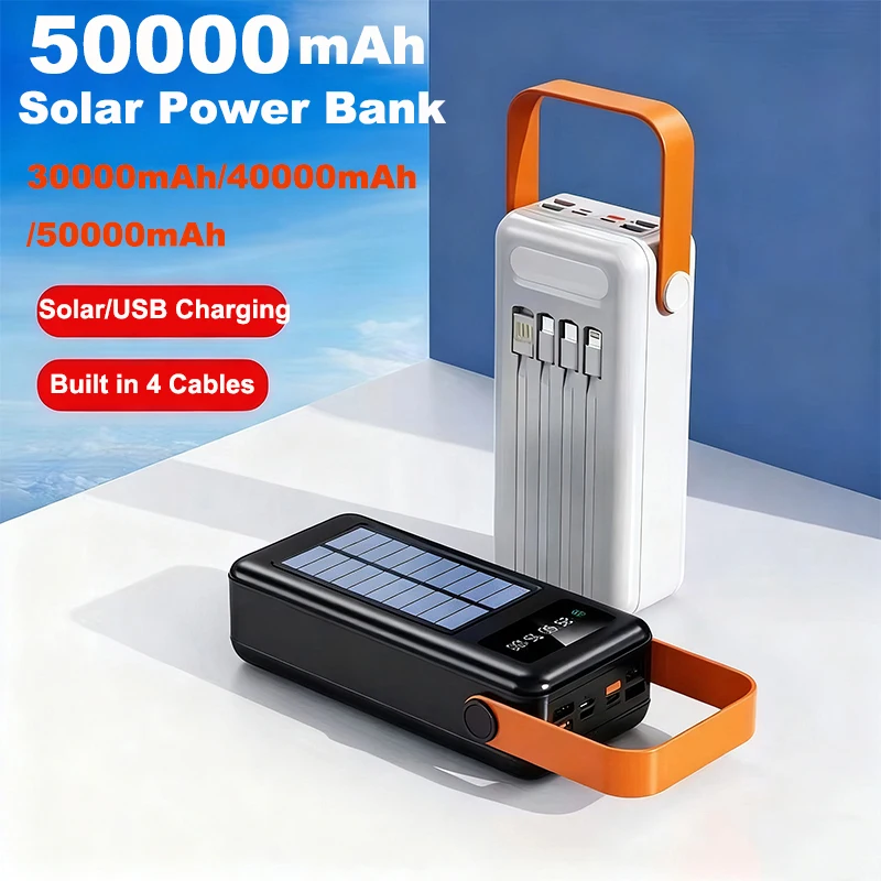 

50000mAh Solar Power Bank with Cables Light Portable Charger Fast Charging External Battery For iPhone 17 Xiaomi Samsung Huawei
