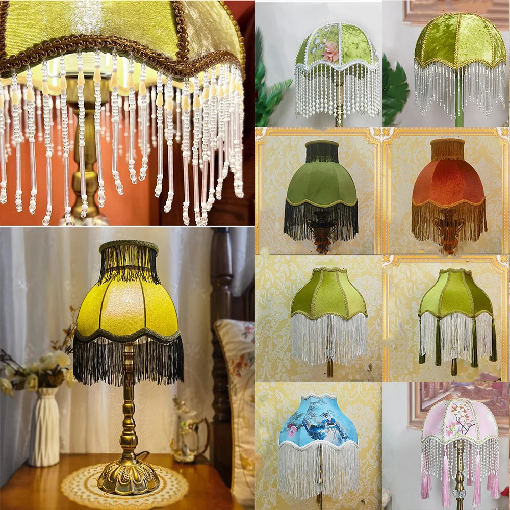 

Vintage European Lamp Shades Crystal Bead Tube Beads Fabric LampShades Tassels Table Light Cover Floor Lamp Covers Home Decor